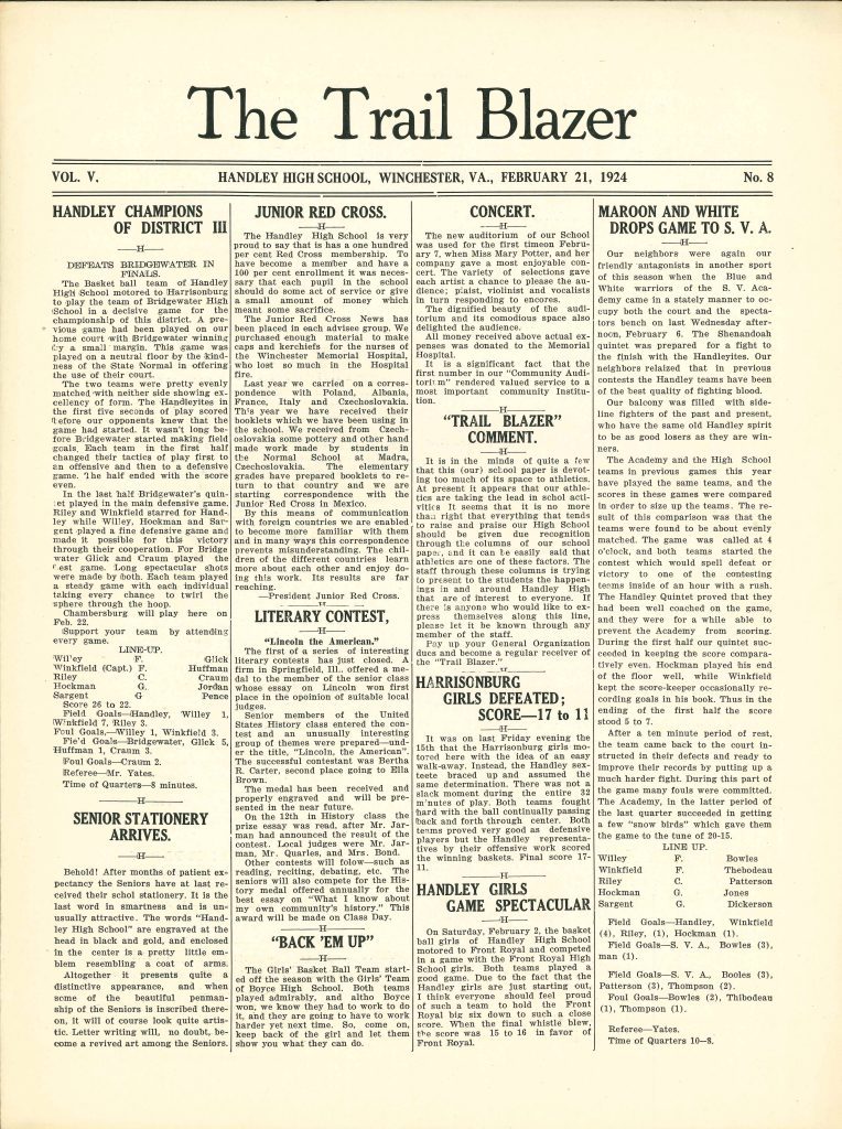 Handley - Trailblazer newspaper - Number 08 - February 21, 1924 - page 1